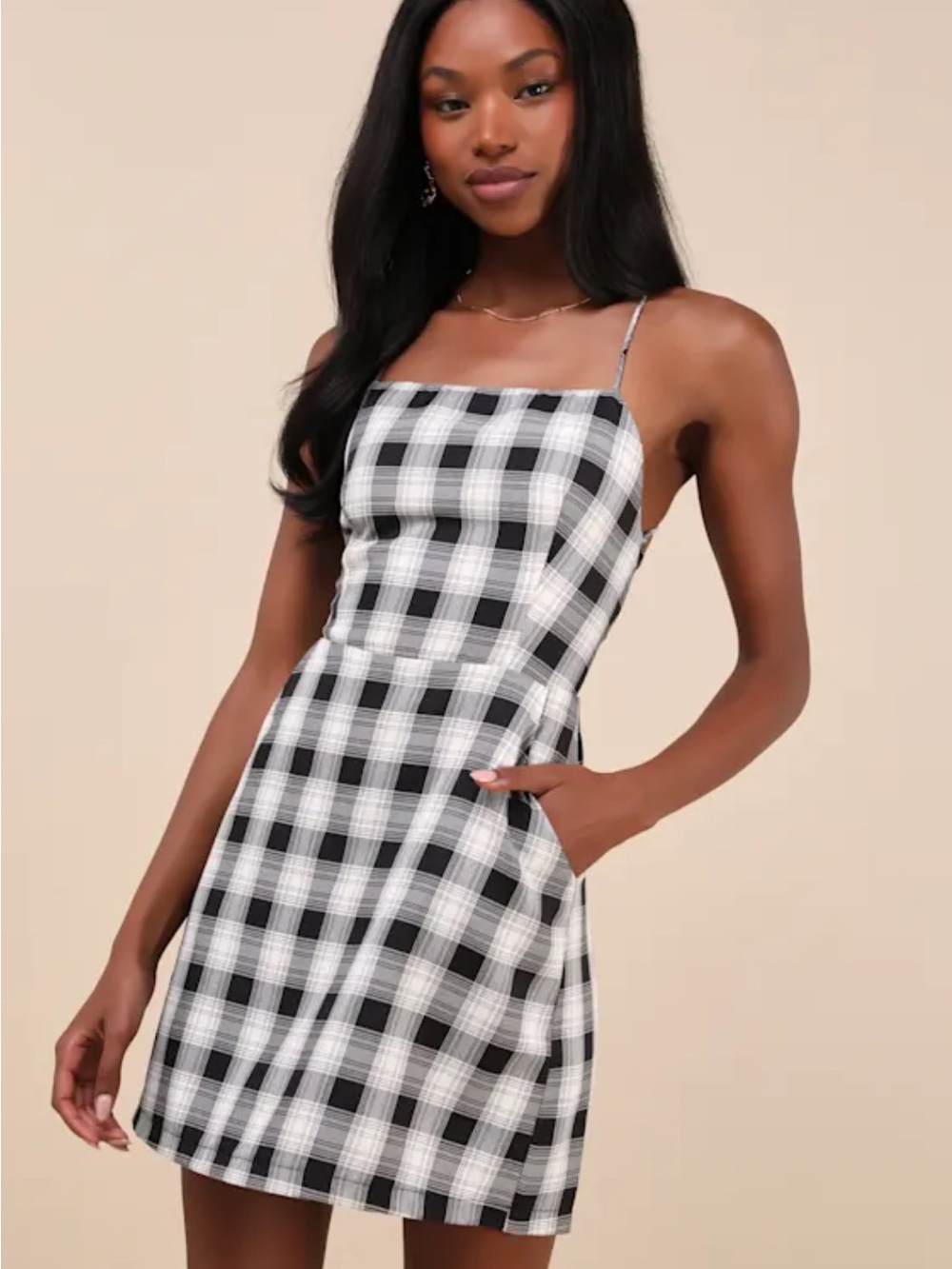 Lulu's Sweetest Memory Black Plaid Lace Up Mini Dress with Pockets XS